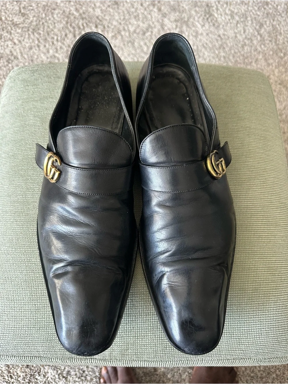 Gucci Black Leather Loafers with Gold Double G Hardware